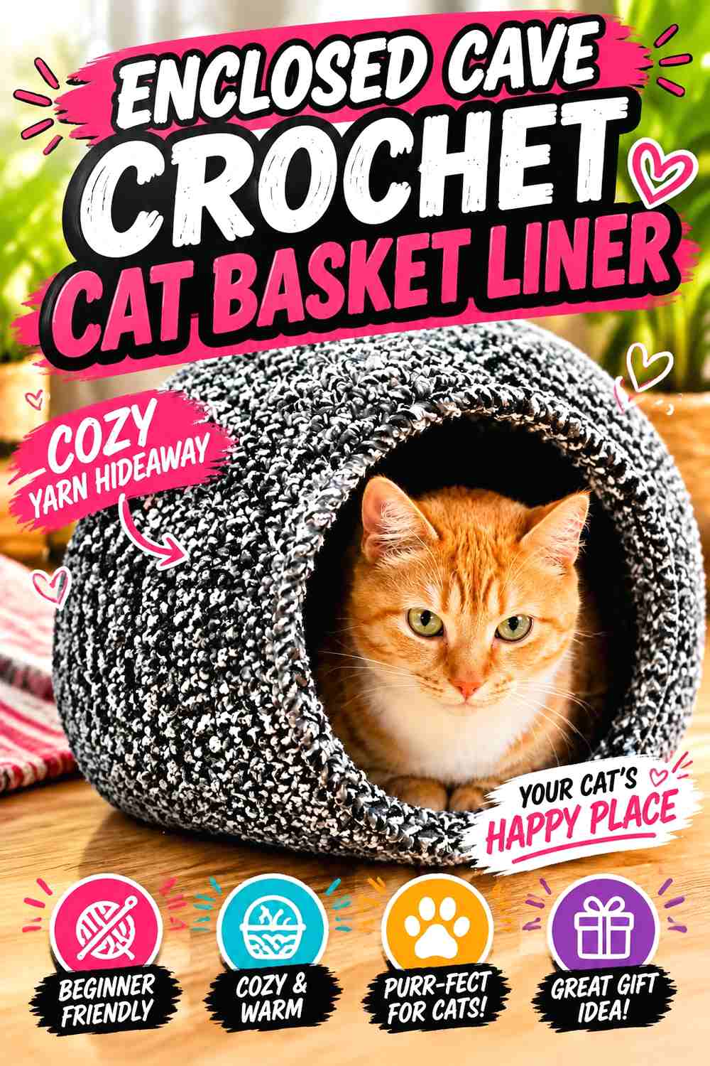 Enclosed Cave Crochet Cat Basket Liner