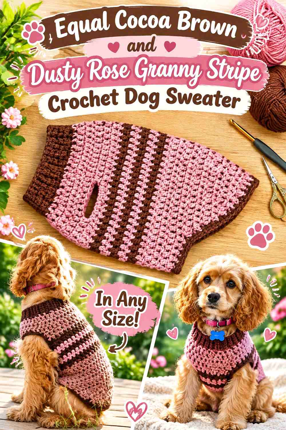 Equal Cocoa Brown and Dusty Rose Granny Stripe Crochet Dog Sweater
