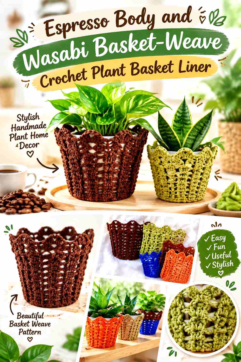 10. Espresso Body And Wasabi Basket Weave Crochet Plant Basket Liner