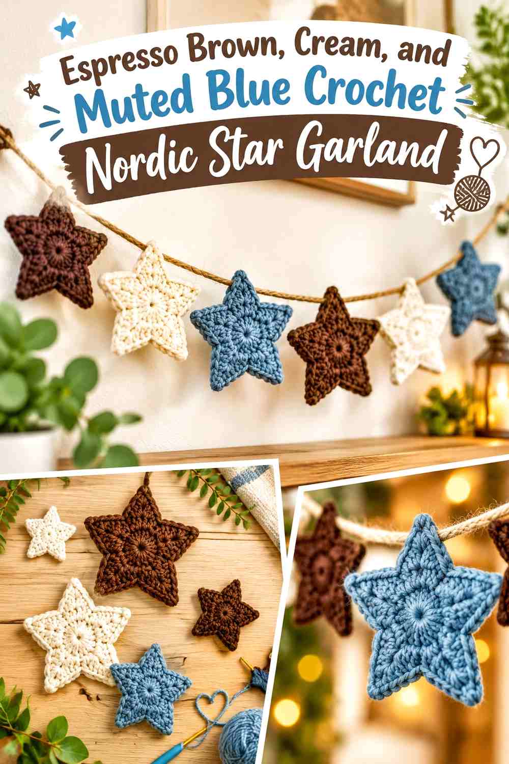 Espresso Brown, Cream, and Muted Blue Crochet Nordic Star Garland