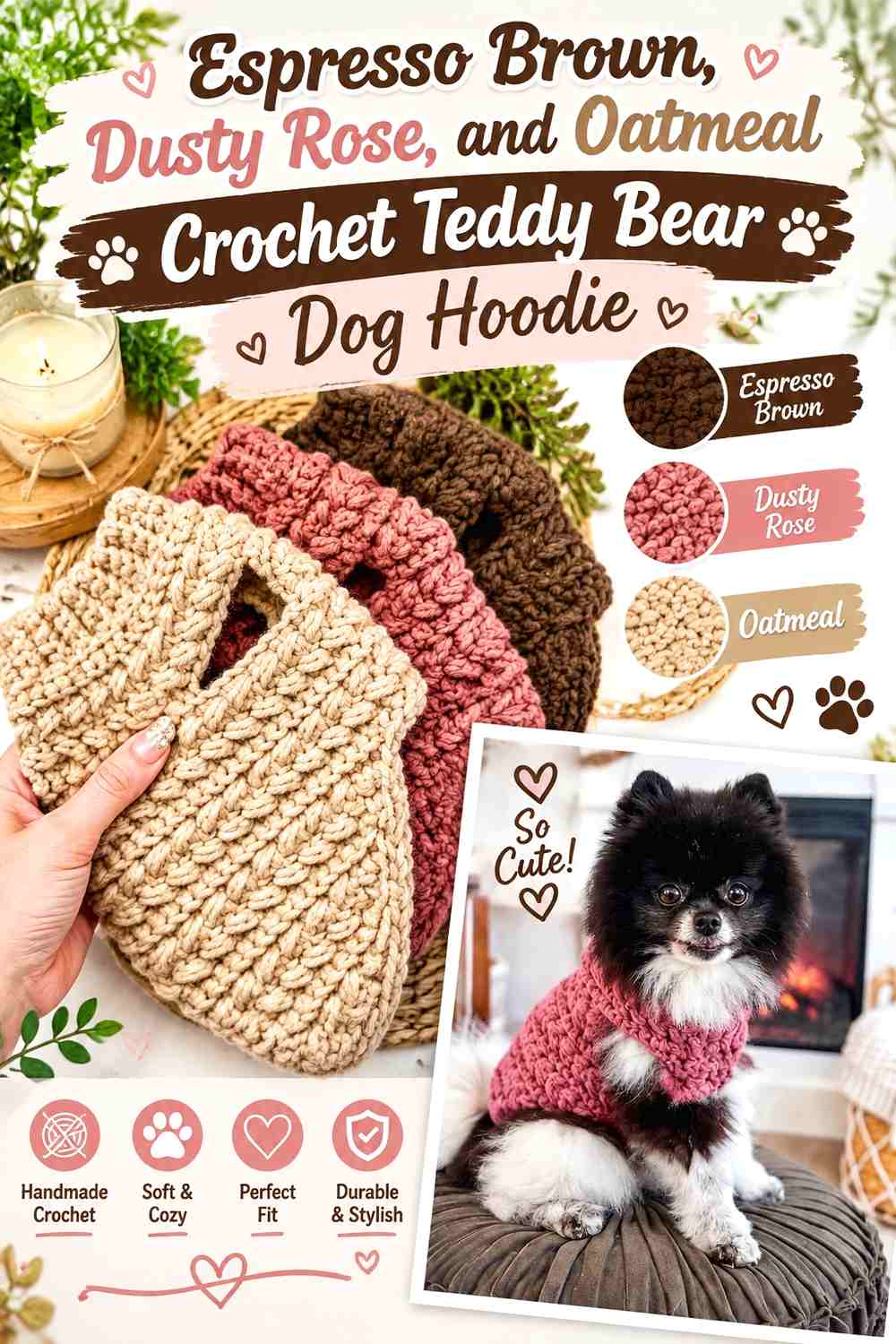 Espresso Brown, Dusty Rose, and Oatmeal Crochet Teddy Bear Dog Hoodie