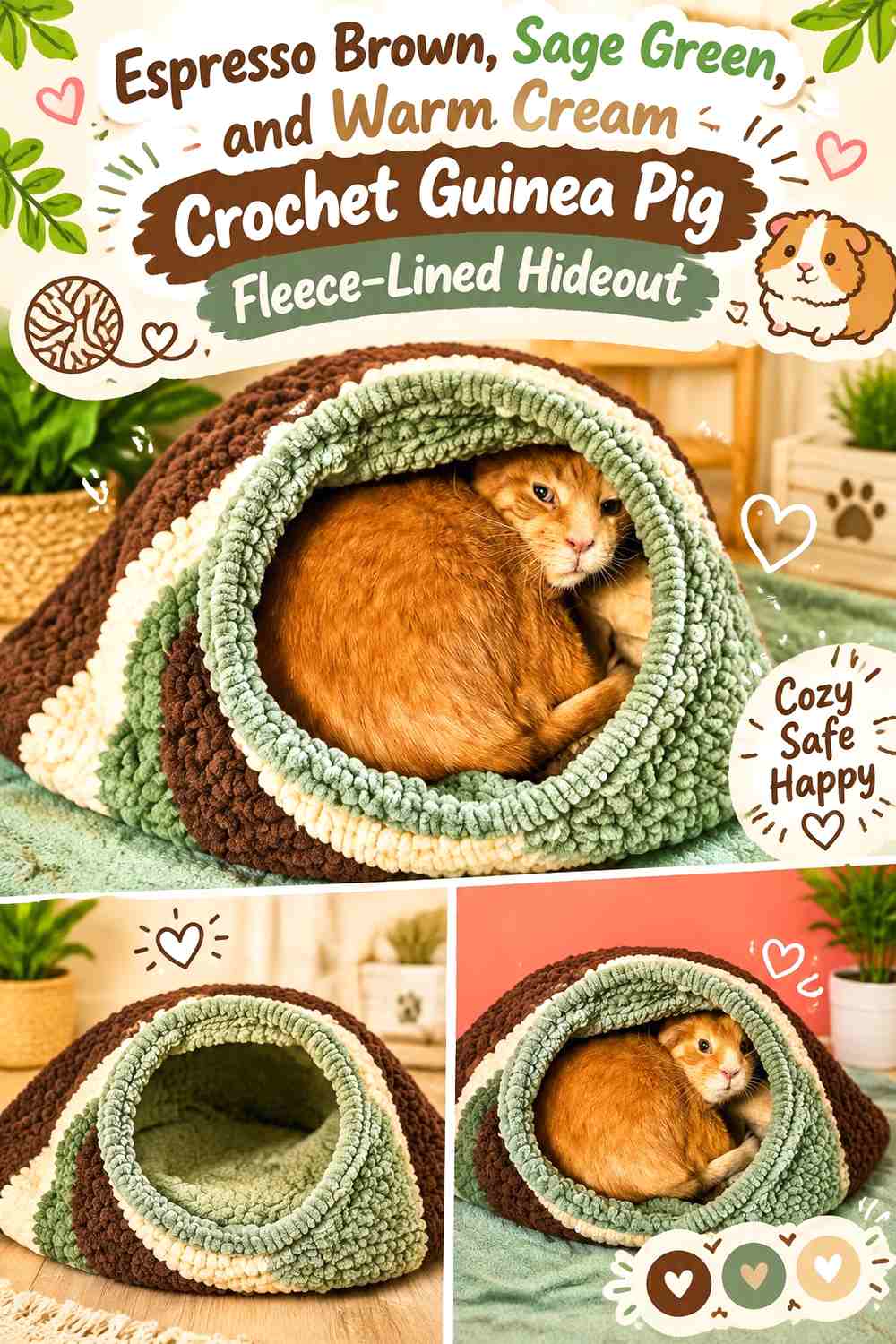 Espresso Brown, Sage Green, and Warm Cream Crochet Guinea Pig Fleece-Lined Hideout
