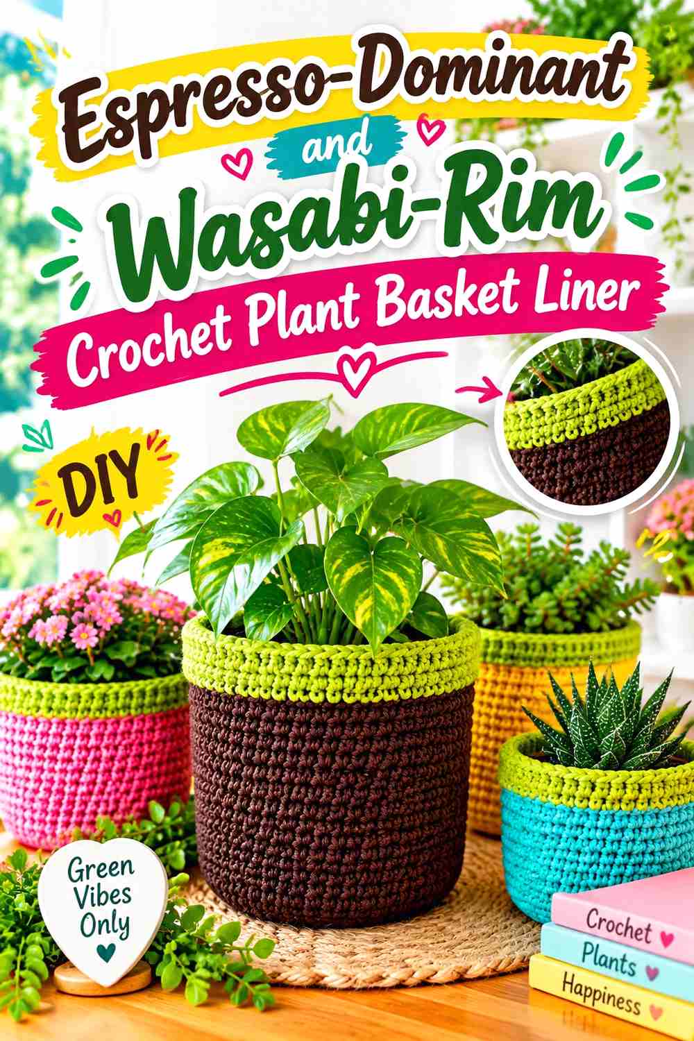 2. Espresso Dominant And Wasabi Rim Crochet Plant Basket Liner