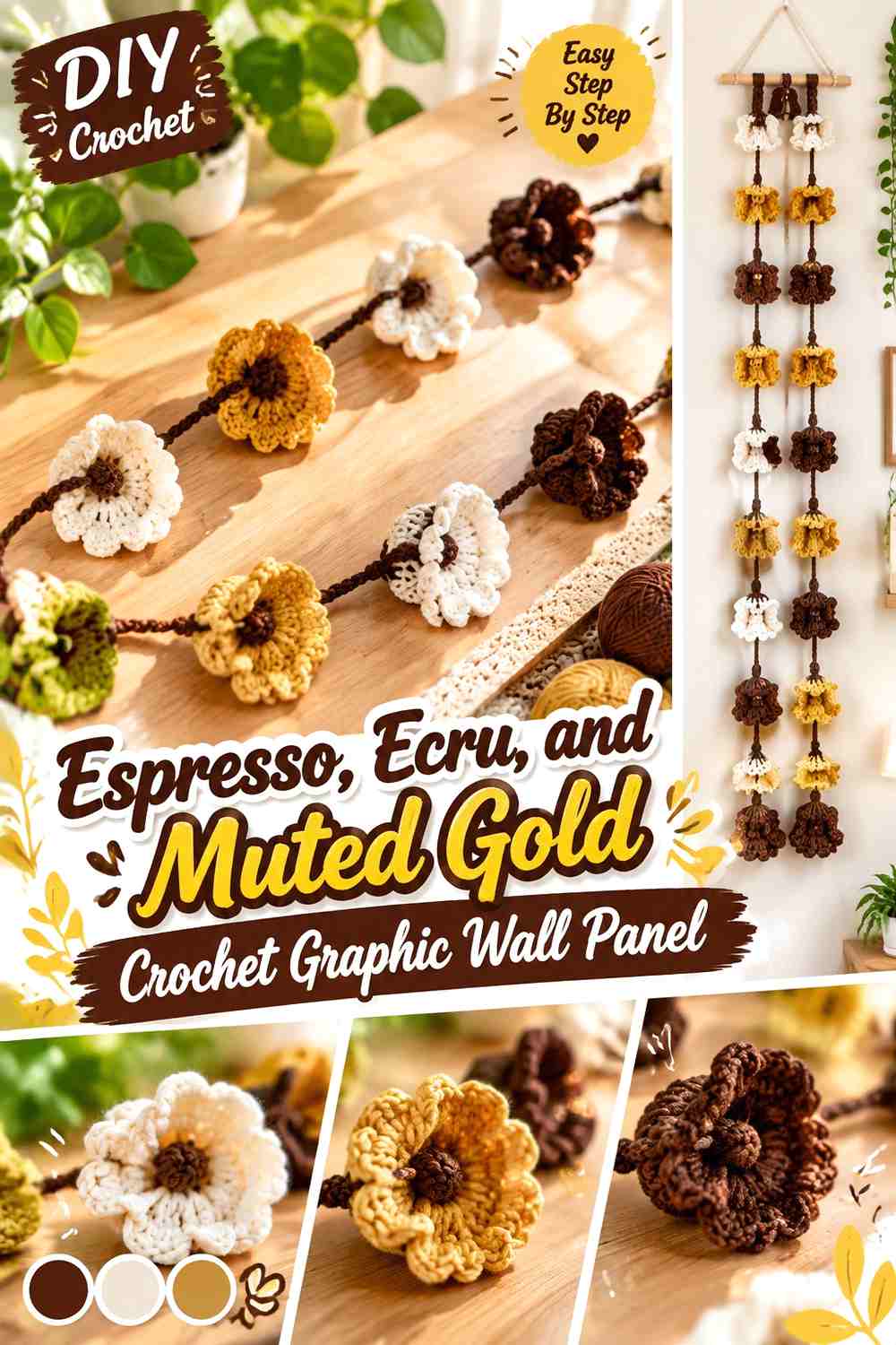 Espresso, Ecru, and Muted Gold Crochet Graphic Wall Panel