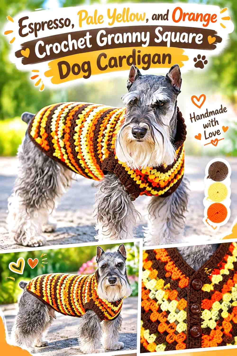 Espresso, Pale Yellow, and Orange Crochet Granny Square Dog Cardigan