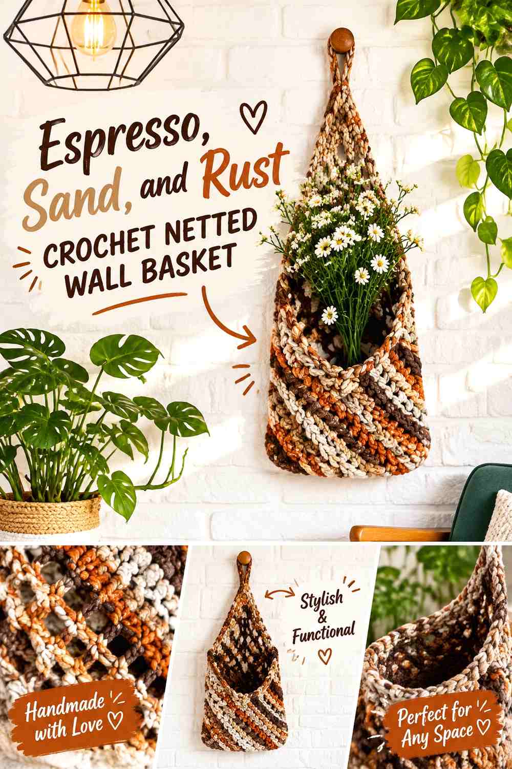 Espresso, Sand, and Rust Crochet Netted Wall Basket