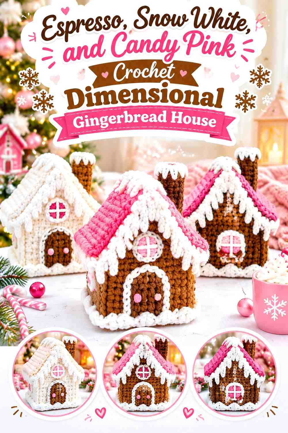 Espresso, Snow White, and Candy Pink Crochet Dimensional Gingerbread House