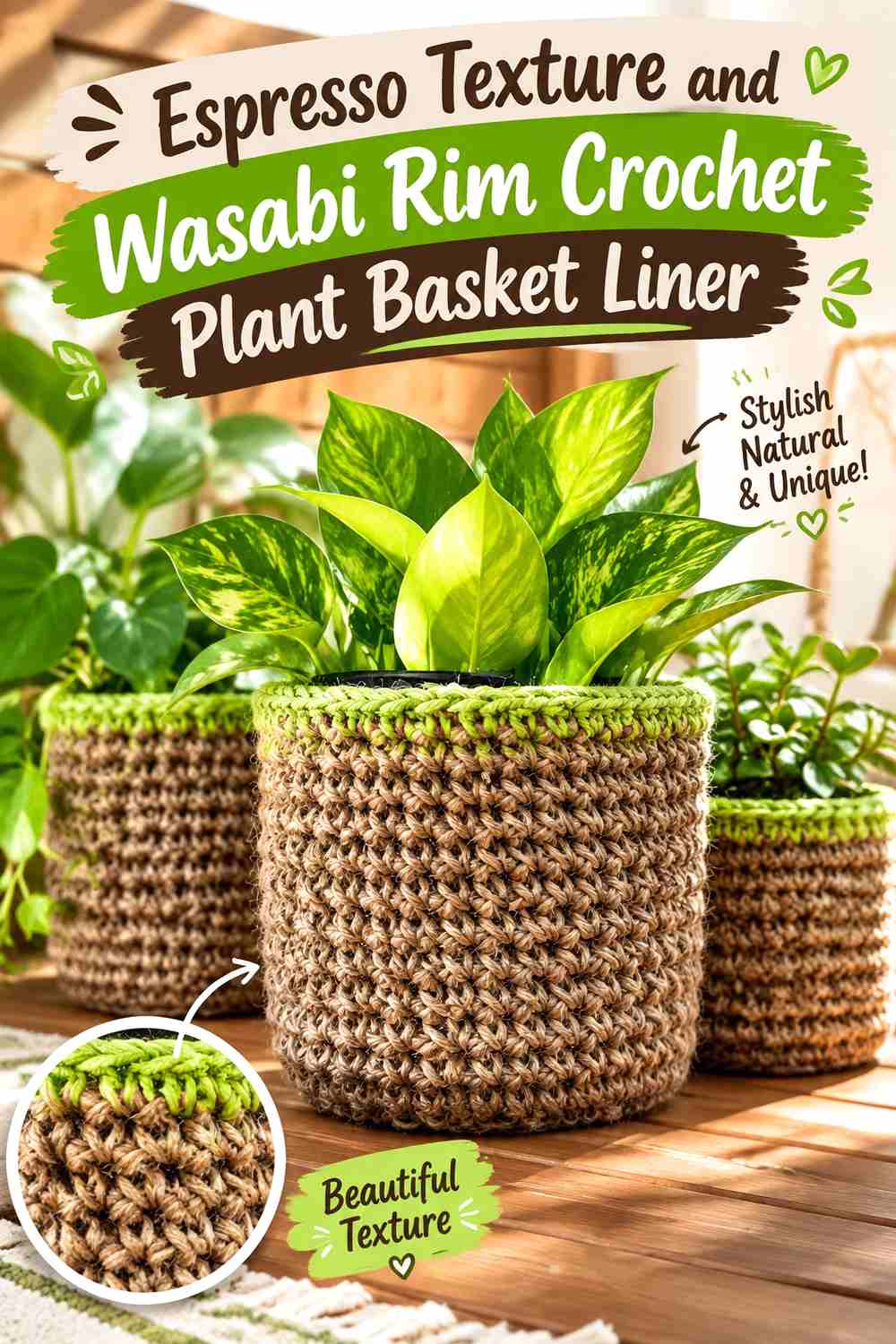 8. Espresso Texture And Wasabi Rim Crochet Plant Basket Liner