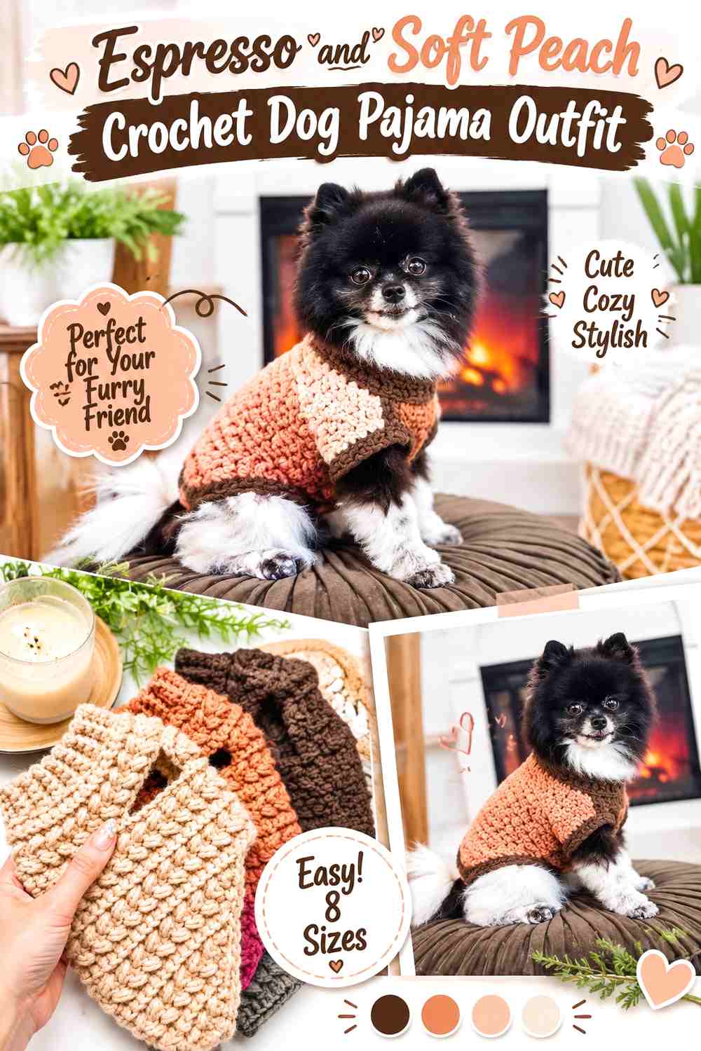 Espresso and Soft Peach Crochet Dog Pajama Outfit