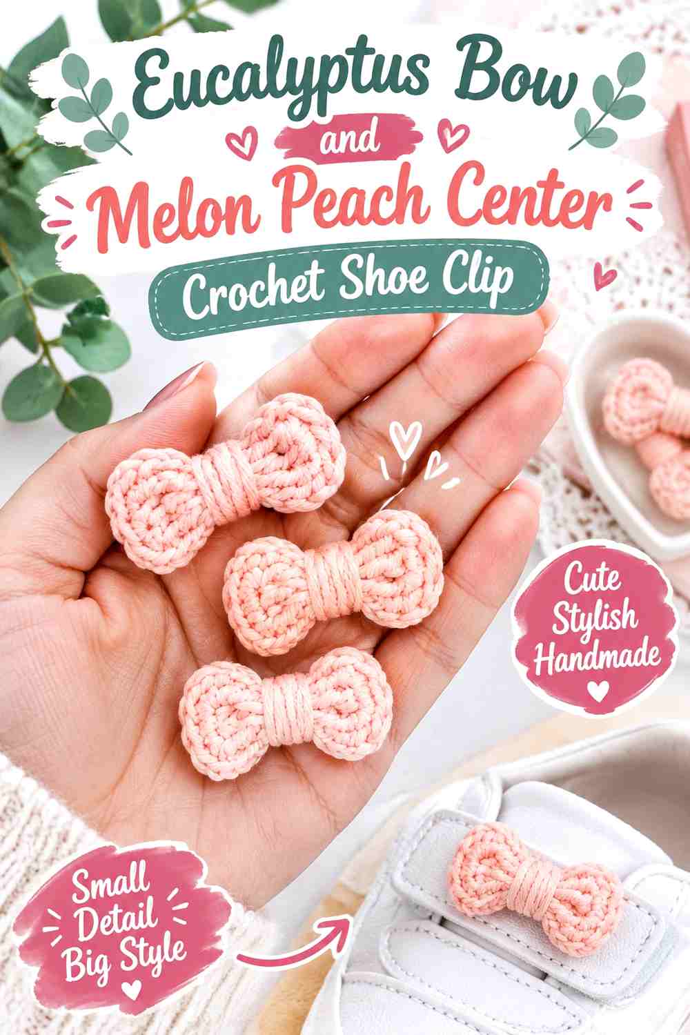 2. Eucalyptus Bow And Melon Peach Center Crochet Shoe Clip