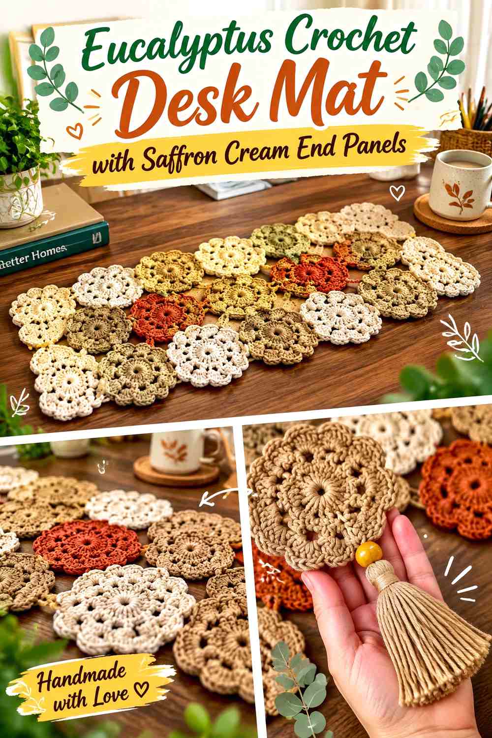Eucalyptus Crochet Desk Mat with Saffron Cream End Panels