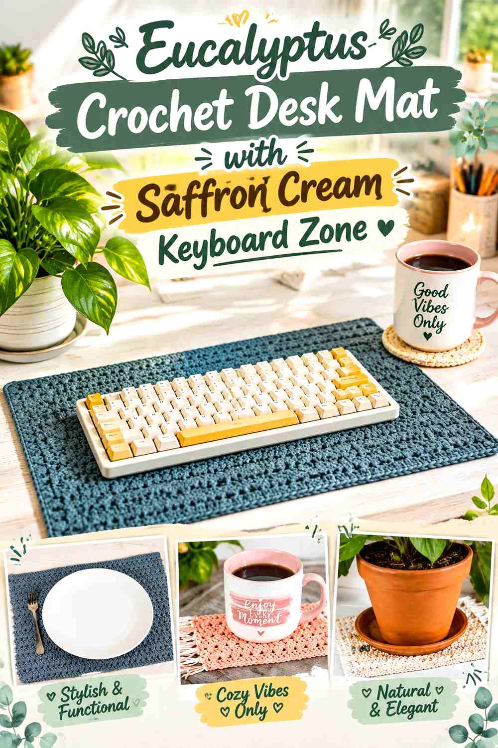 Eucalyptus Crochet Desk Mat with Saffron Cream Keyboard Zone