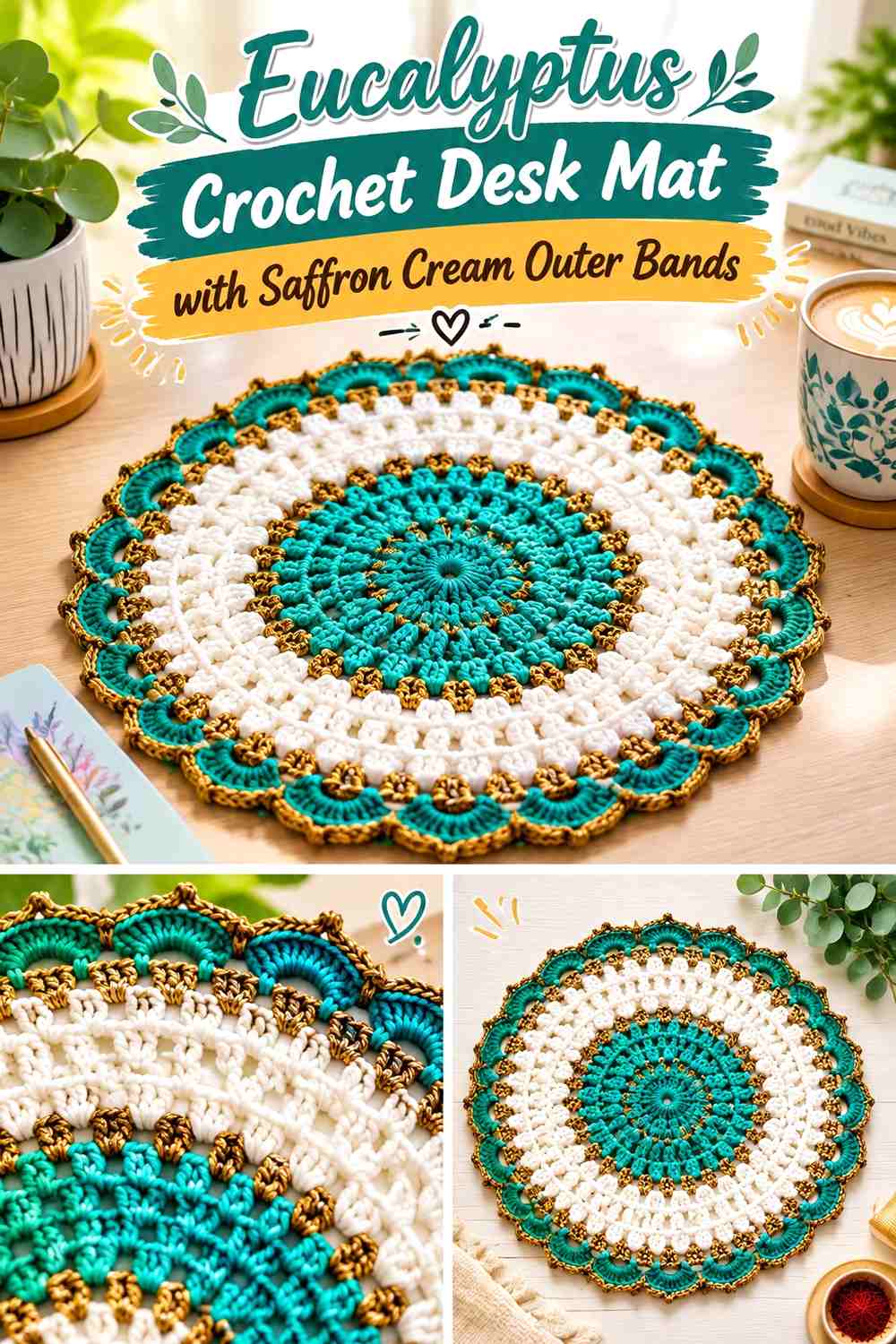 Eucalyptus Crochet Desk Mat with Saffron Cream Outer Bands