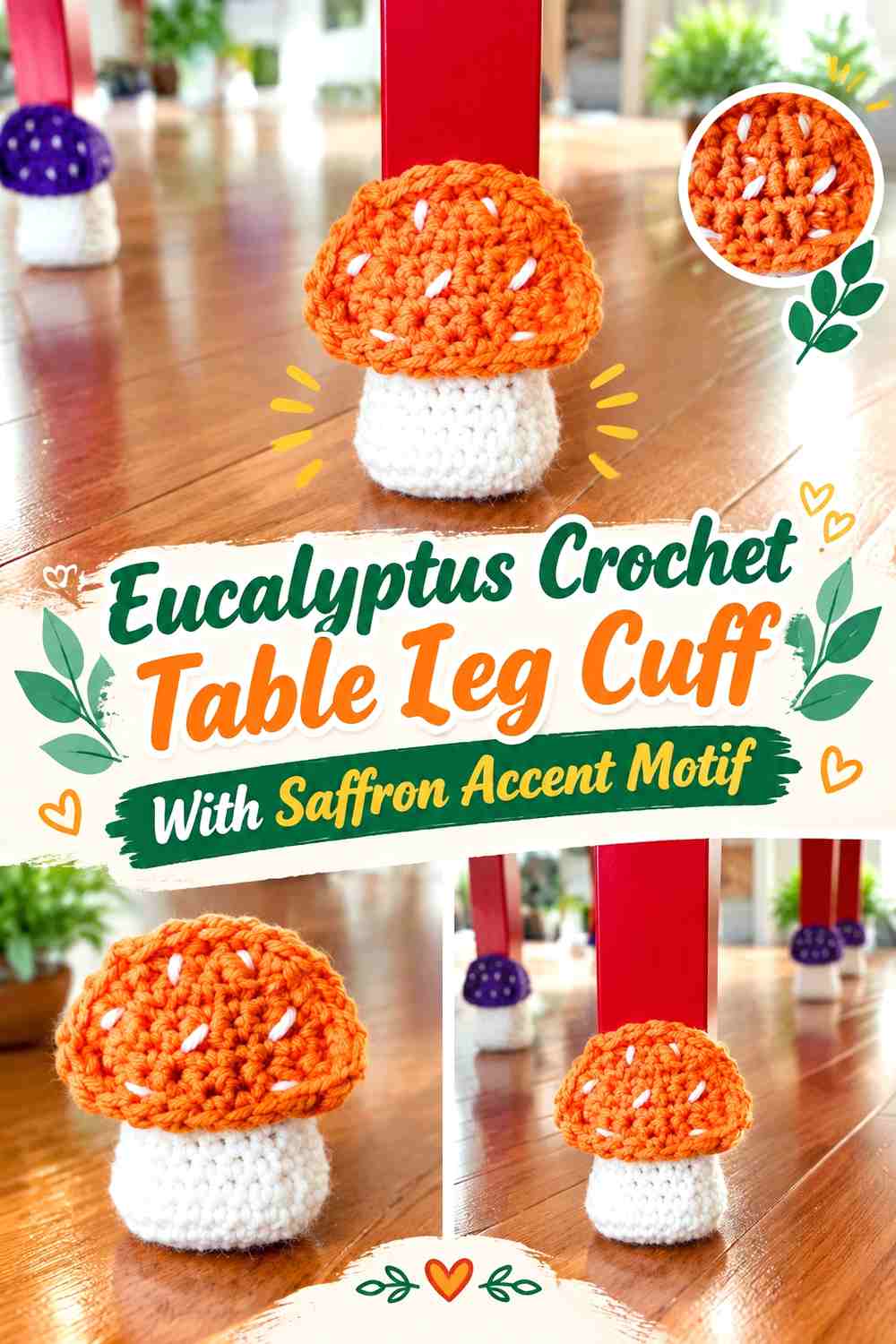 8. Eucalyptus Crochet Table Leg Cuff With Saffron Accent Motif