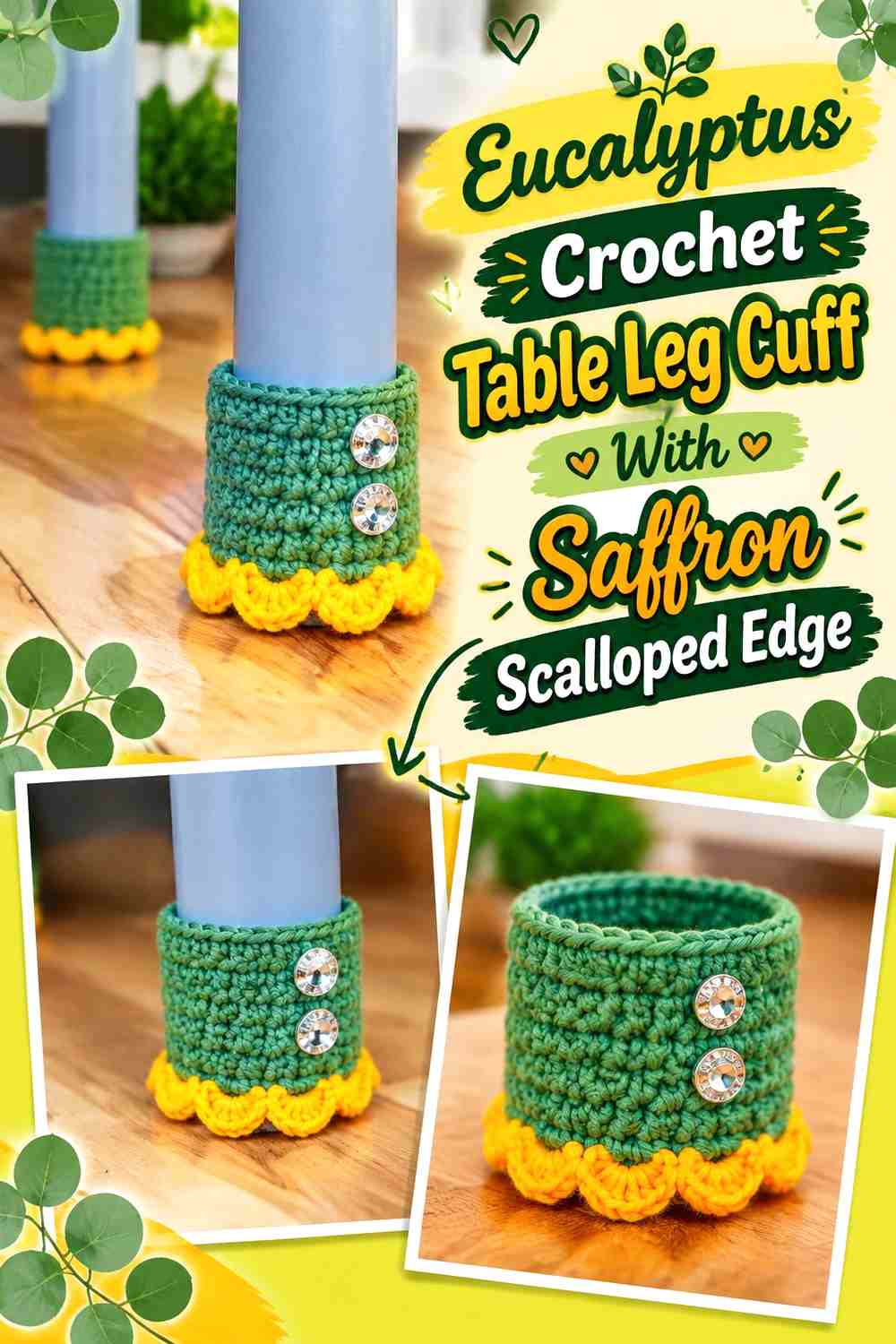 4. Eucalyptus Crochet Table Leg Cuff With Saffron Scalloped Edge