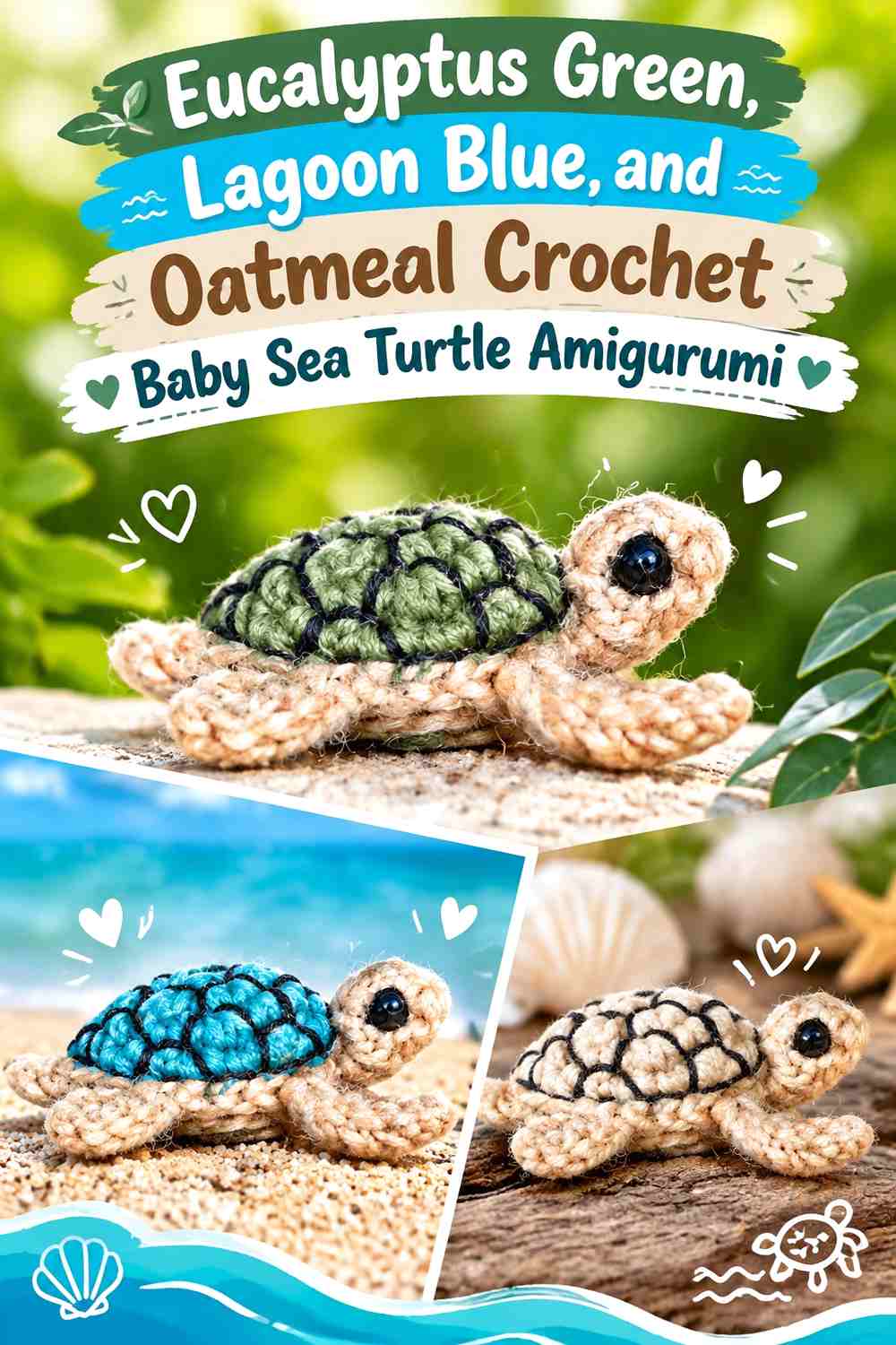 Eucalyptus Green, Lagoon Blue, and Oatmeal Crochet Baby Sea Turtle Amigurumi