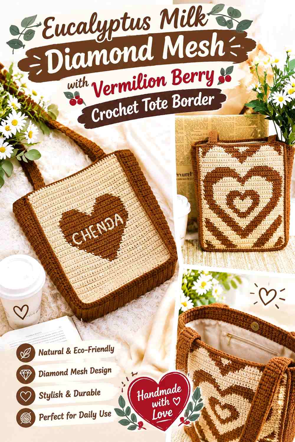 Eucalyptus Milk Diamond Mesh with Vermilion Berry Crochet Tote Border
