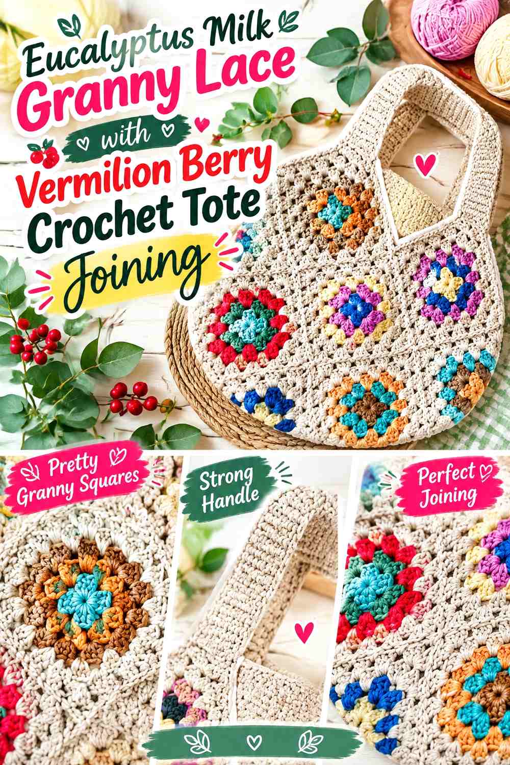 Eucalyptus Milk Granny Lace with Vermilion Berry Crochet Tote Joining
