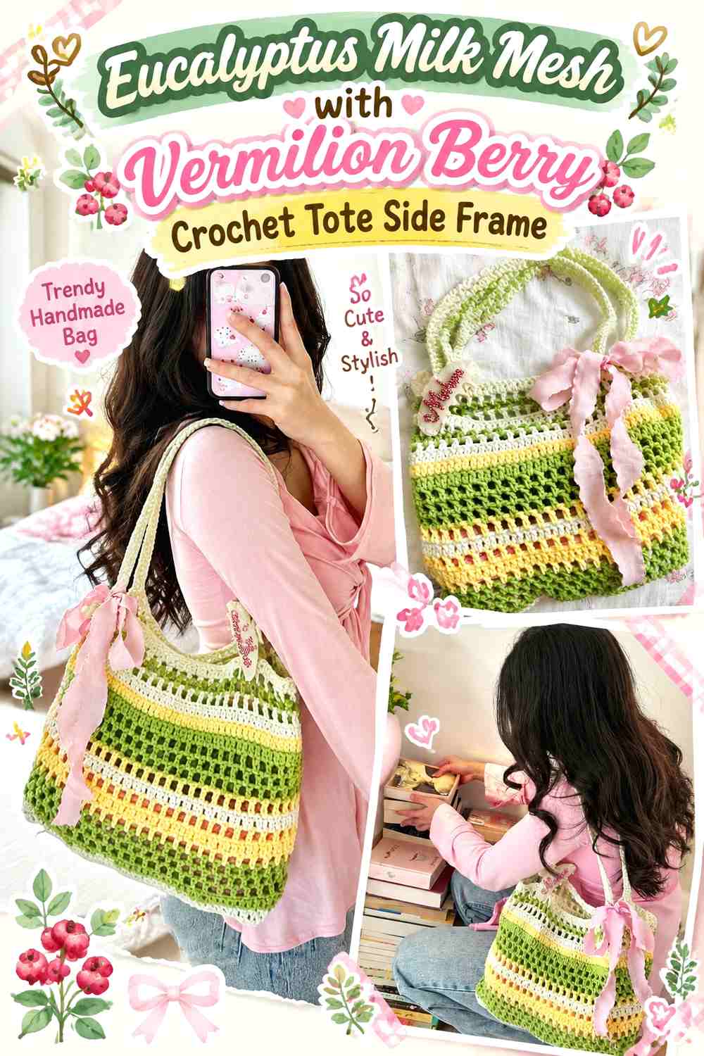 Eucalyptus Milk Mesh with Vermilion Berry Crochet Tote Side Frame