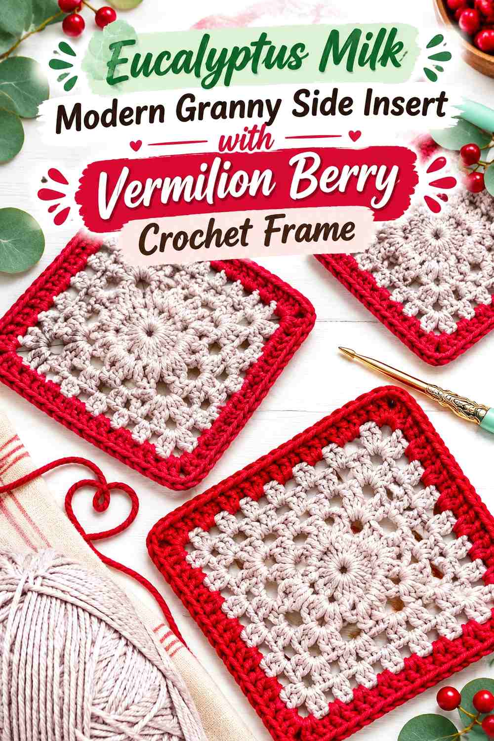 Eucalyptus Milk Modern Granny Side Insert with Vermilion Berry Crochet Frame