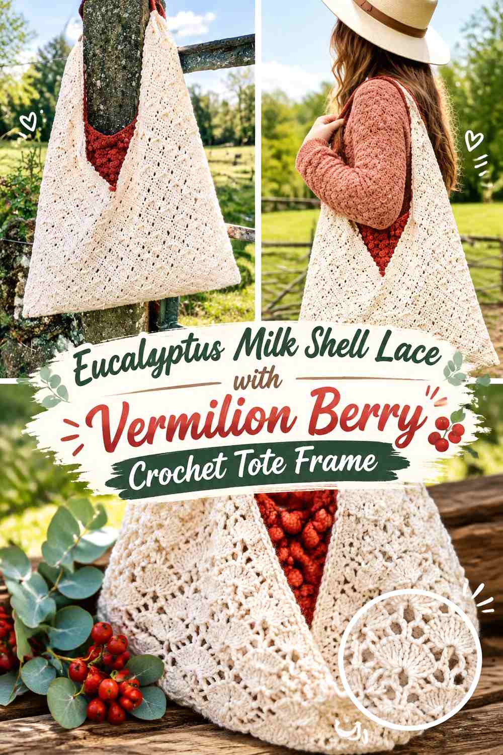 Eucalyptus Milk Shell Lace with Vermilion Berry Crochet Tote Frame