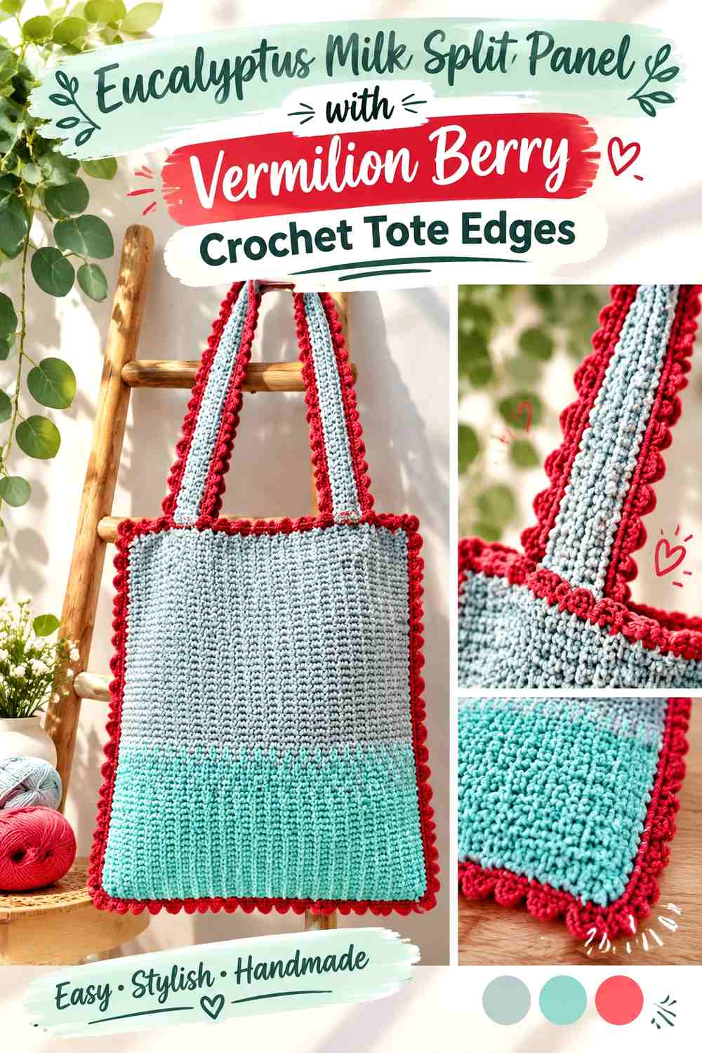 Eucalyptus Milk Split Panel with Vermilion Berry Crochet Tote Edges