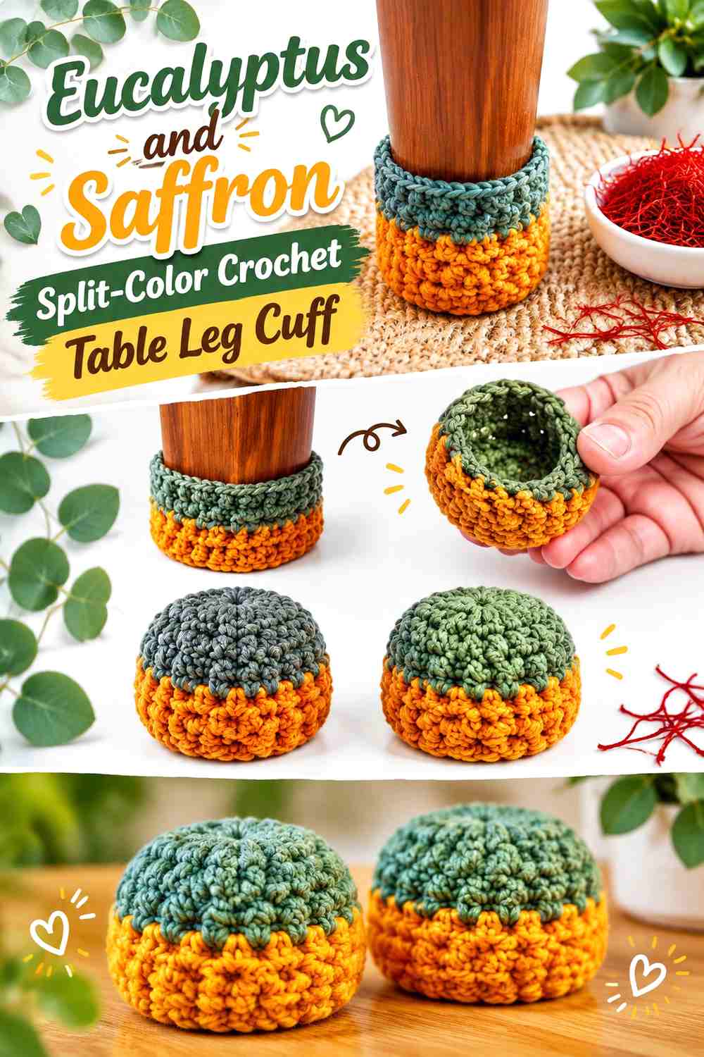 3. Eucalyptus And Saffron Split Color Crochet Table Leg Cuff