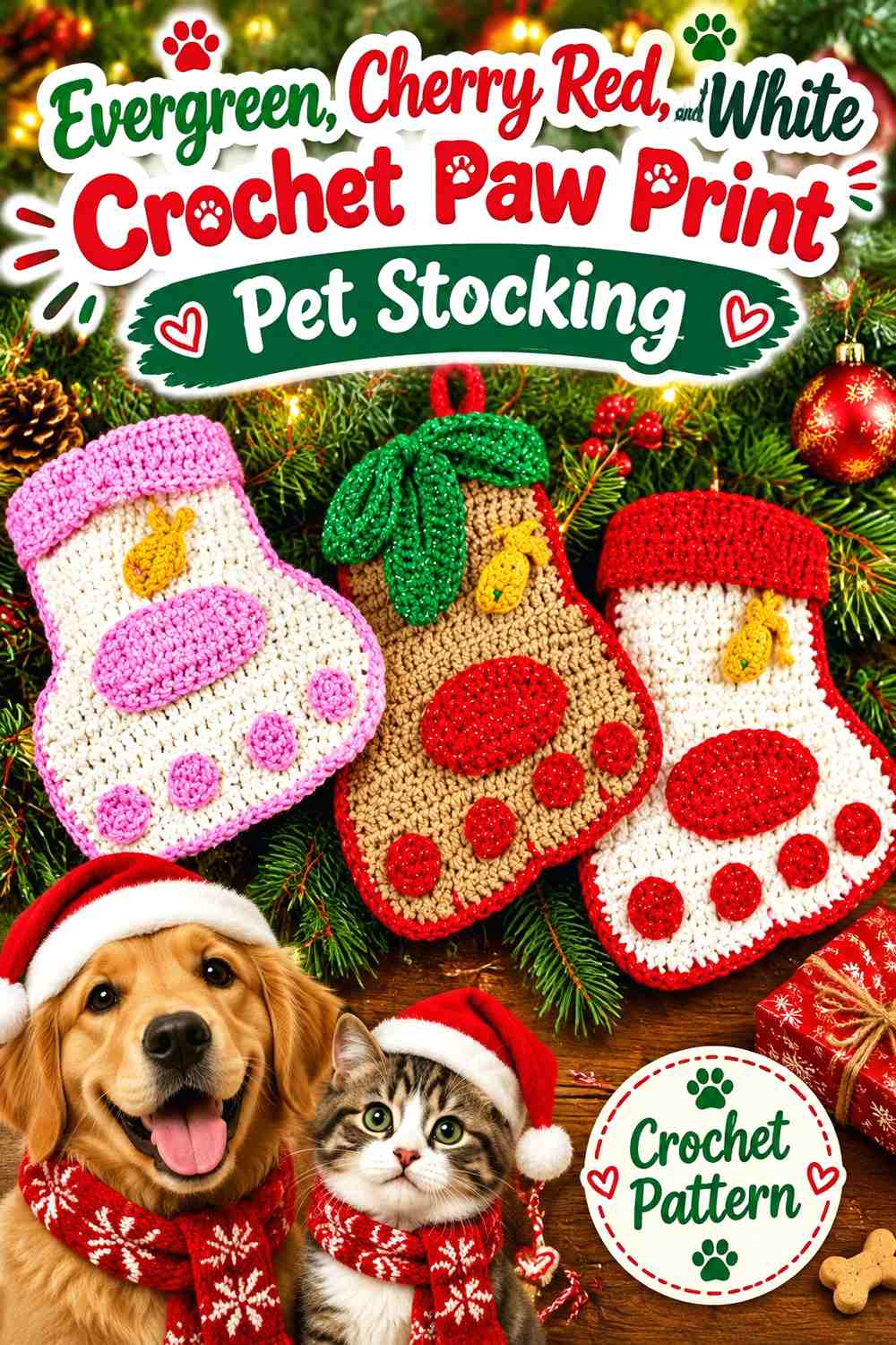 Evergreen, Cherry Red, and White Crochet Paw Print Pet Stocking