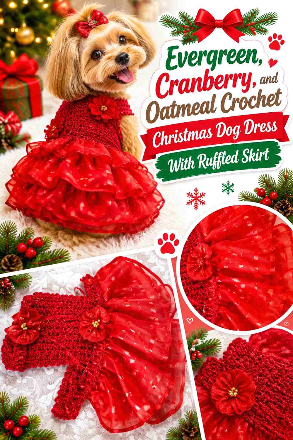 Evergreen, Cranberry, and Oatmeal Crochet Christmas Dog Dress With Ruffled Skirt