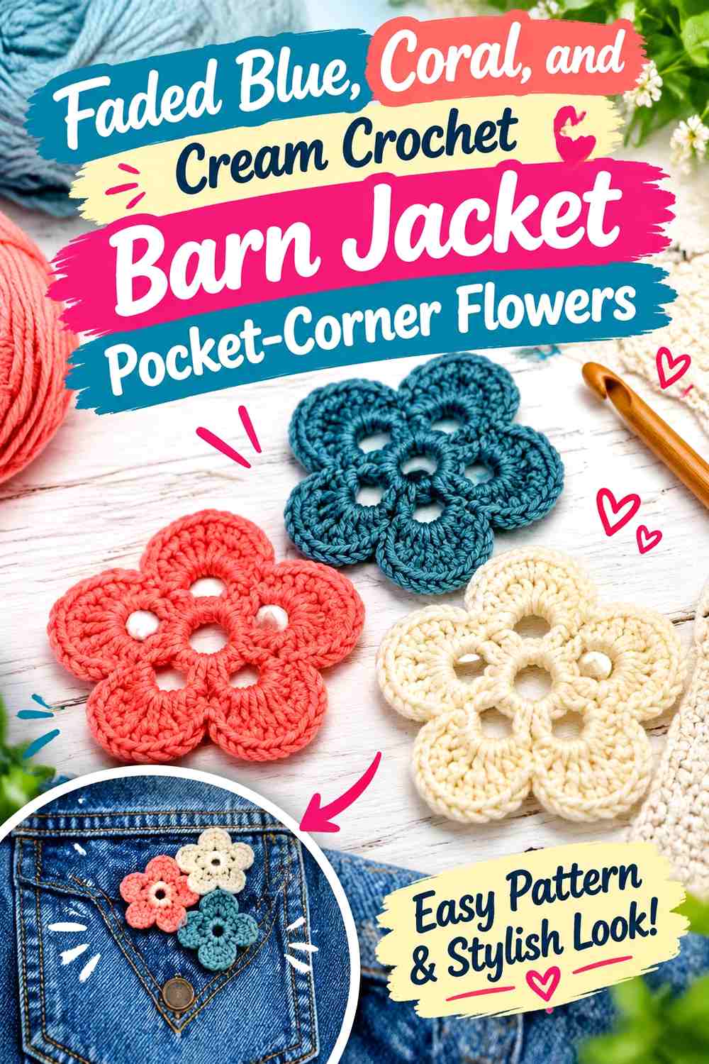 Faded Blue, Coral, and Cream Crochet Barn Jacket Pocket-Corner Flowers