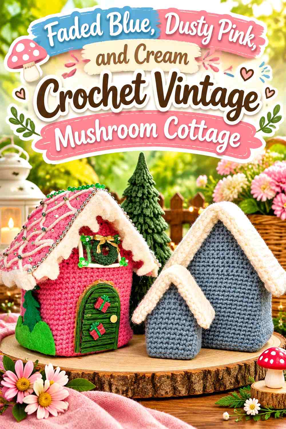Faded Blue, Dusty Pink, and Cream Crochet Vintage Mushroom Cottage