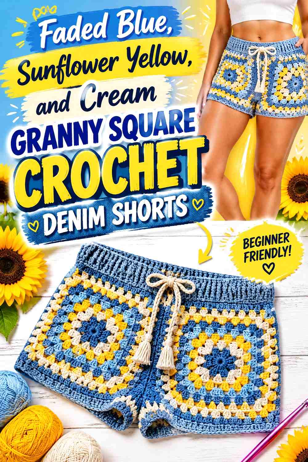 Faded Blue, Sunflower Yellow, and Cream Granny Square Crochet Denim Shorts