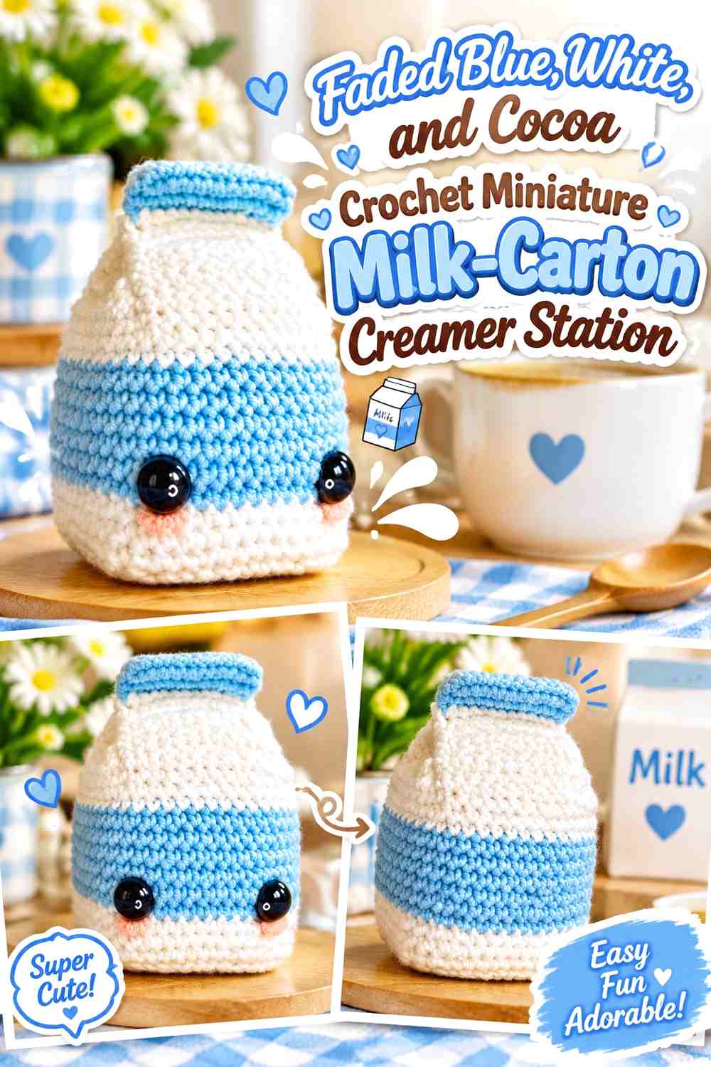 Faded Blue, White, and Cocoa Crochet Miniature Milk-Carton Creamer Station
