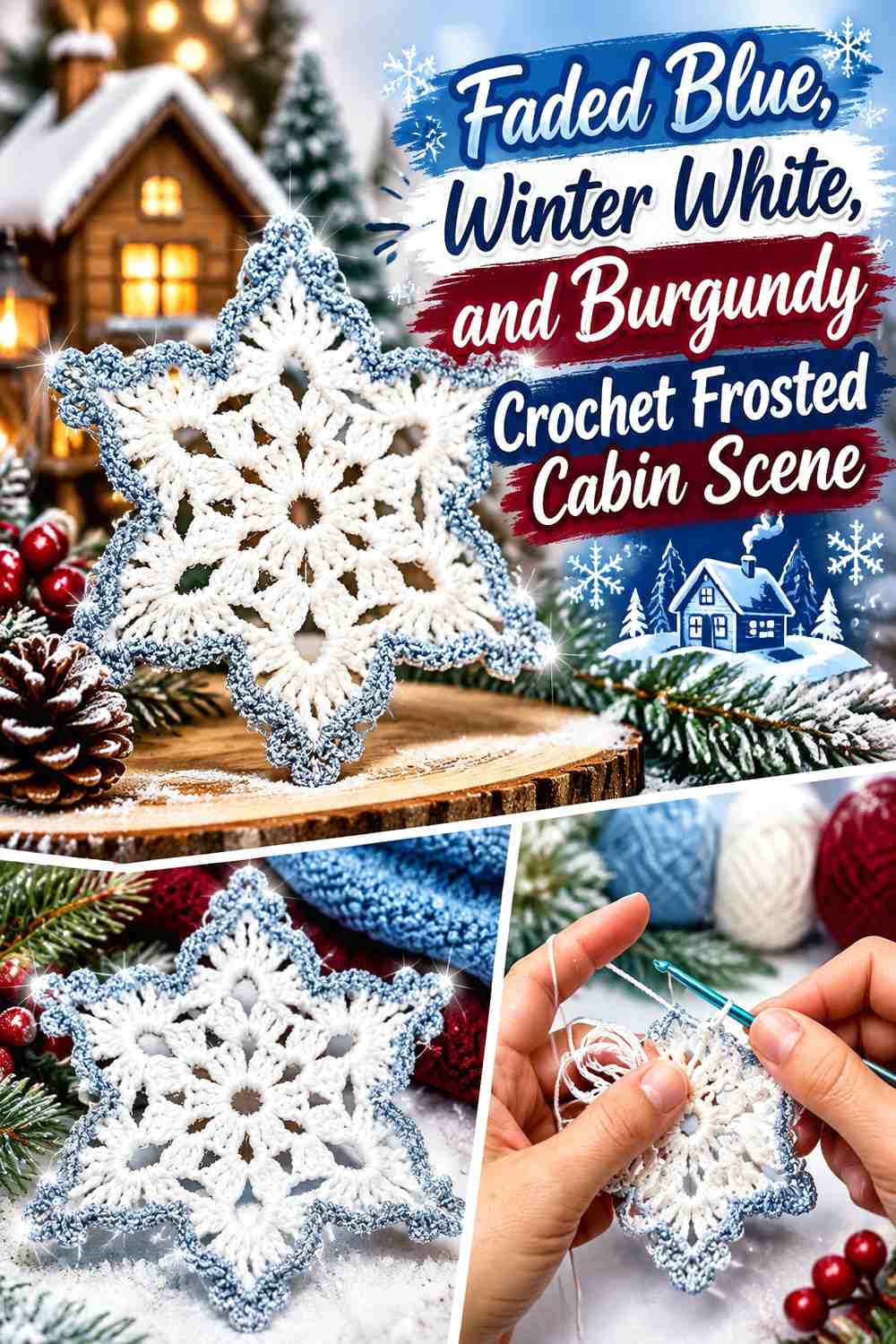 Faded Blue, Winter White, and Burgundy Crochet Frosted Cabin Scene
