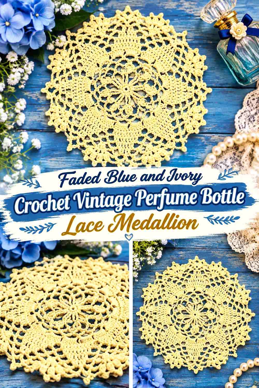Faded Blue and Ivory Crochet Vintage Perfume Bottle Lace Medallion