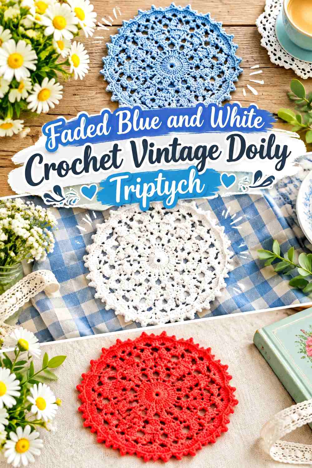 Faded Blue and White Crochet Vintage Doily Triptych
