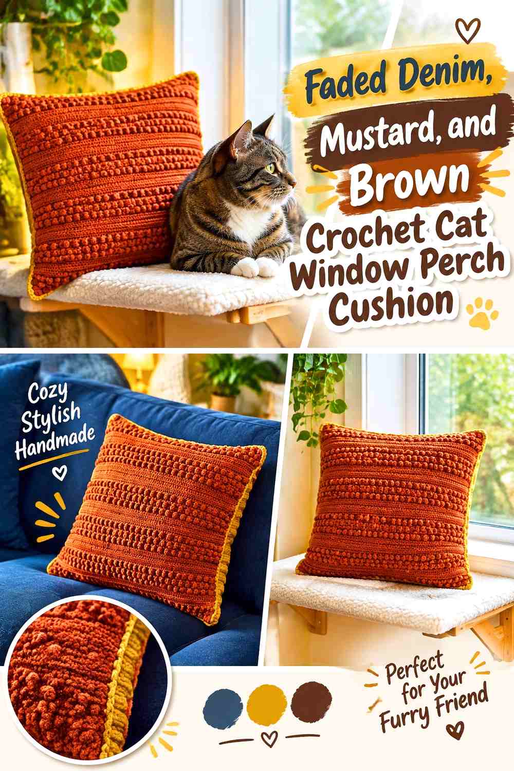 Faded Denim, Mustard, and Brown Crochet Cat Window Perch Cushion