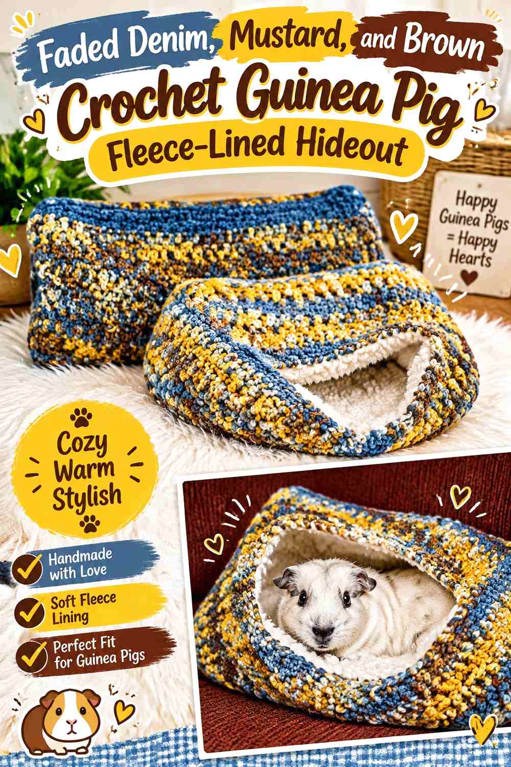 Faded Denim, Mustard, and Brown Crochet Guinea Pig Fleece-Lined Hideout