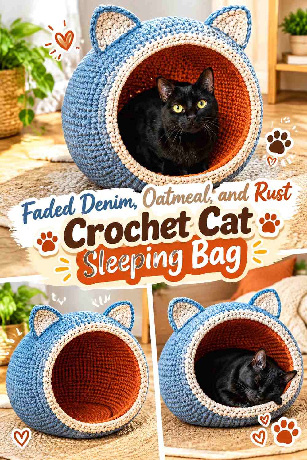 Faded Denim, Oatmeal, and Rust Crochet Cat Sleeping Bag