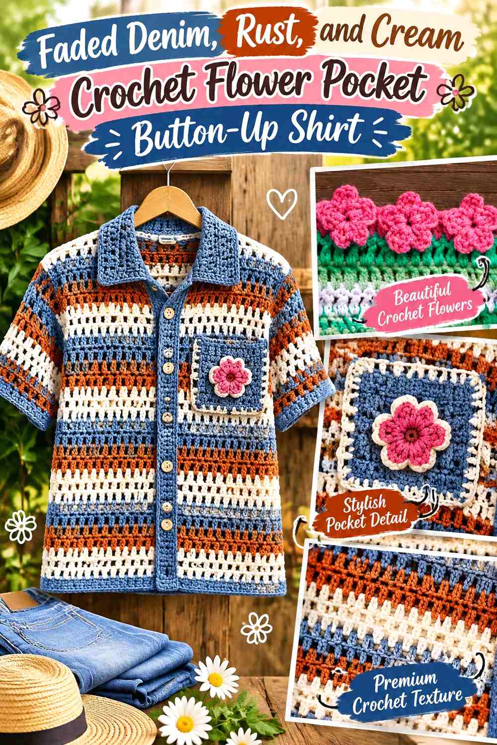 Faded Denim, Rust, and Cream Crochet Flower Pocket Button-Up Shirt