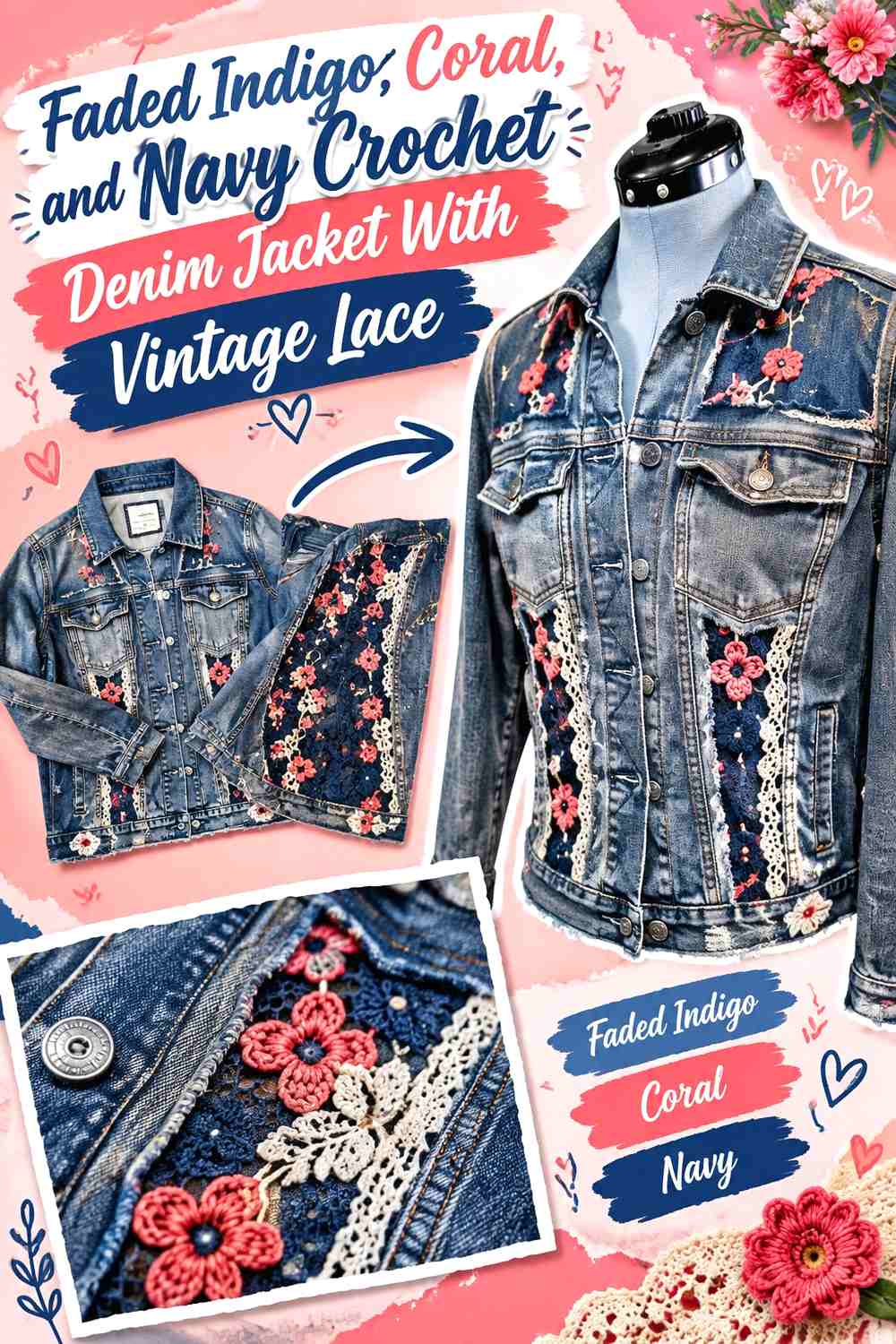 Faded Indigo, Coral, and Navy Crochet Denim Jacket With Vintage Lace