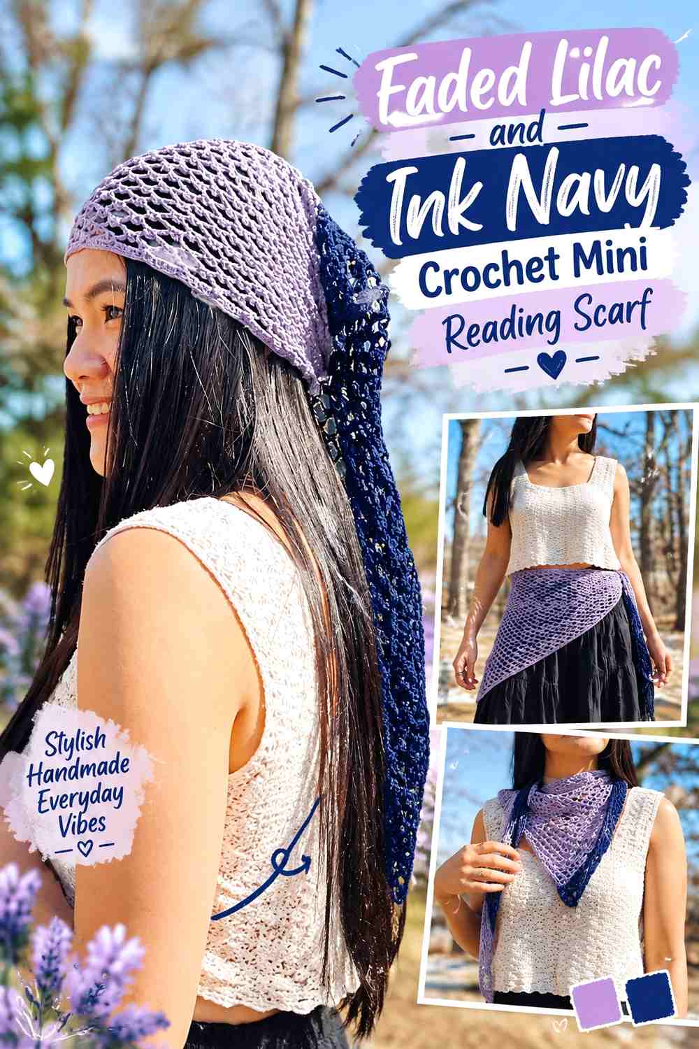 Faded Lilac and Ink Navy Crochet Mini Reading Scarf