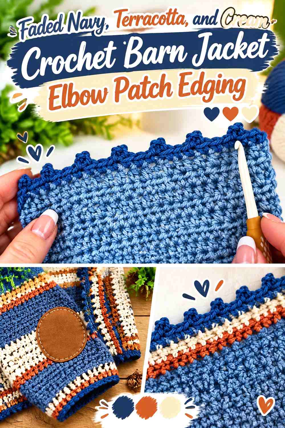 Faded Navy, Terracotta, and Cream Crochet Barn Jacket Elbow Patch Edging