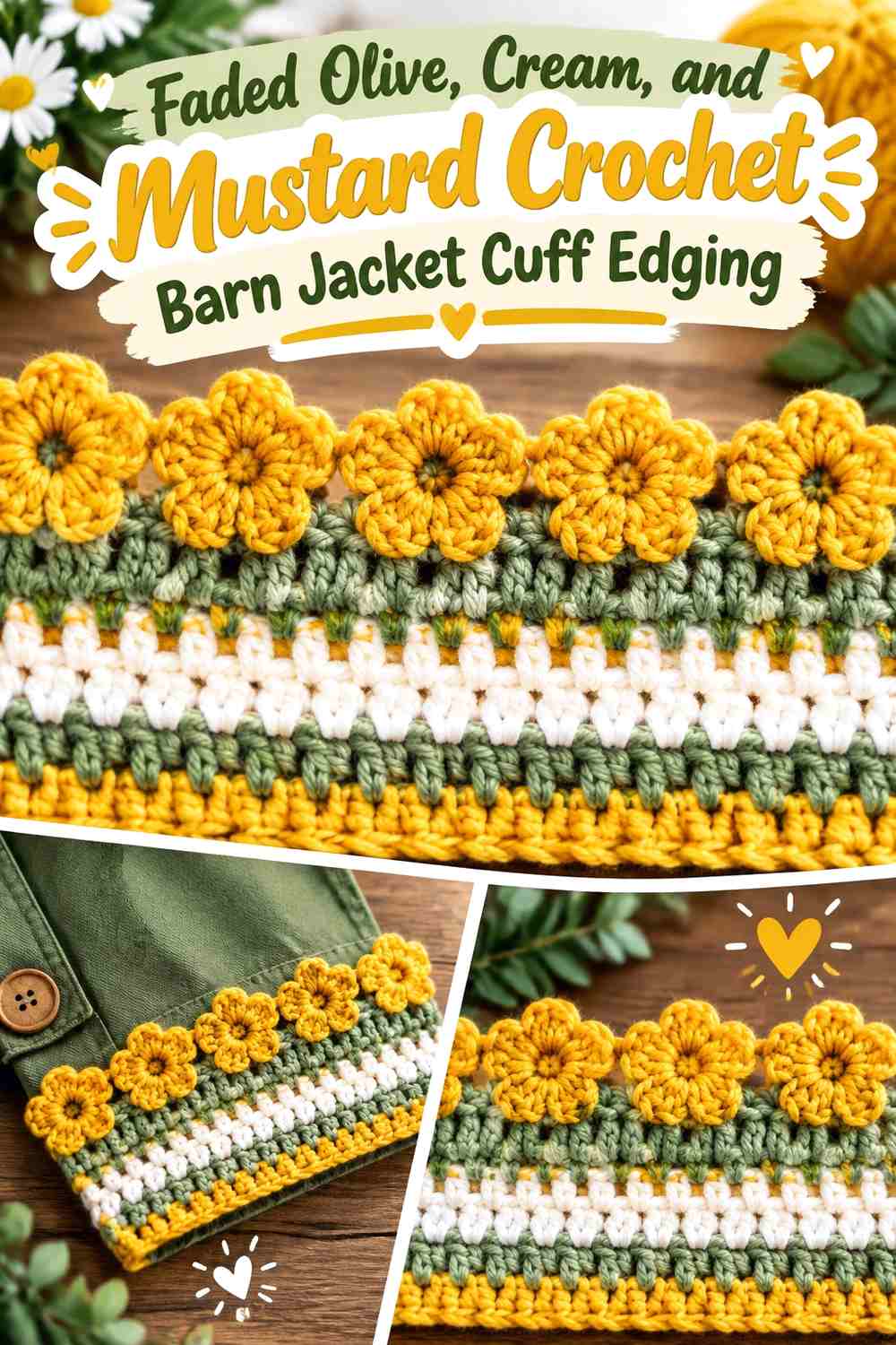 Faded Olive, Cream, and Mustard Crochet Barn Jacket Cuff Edging