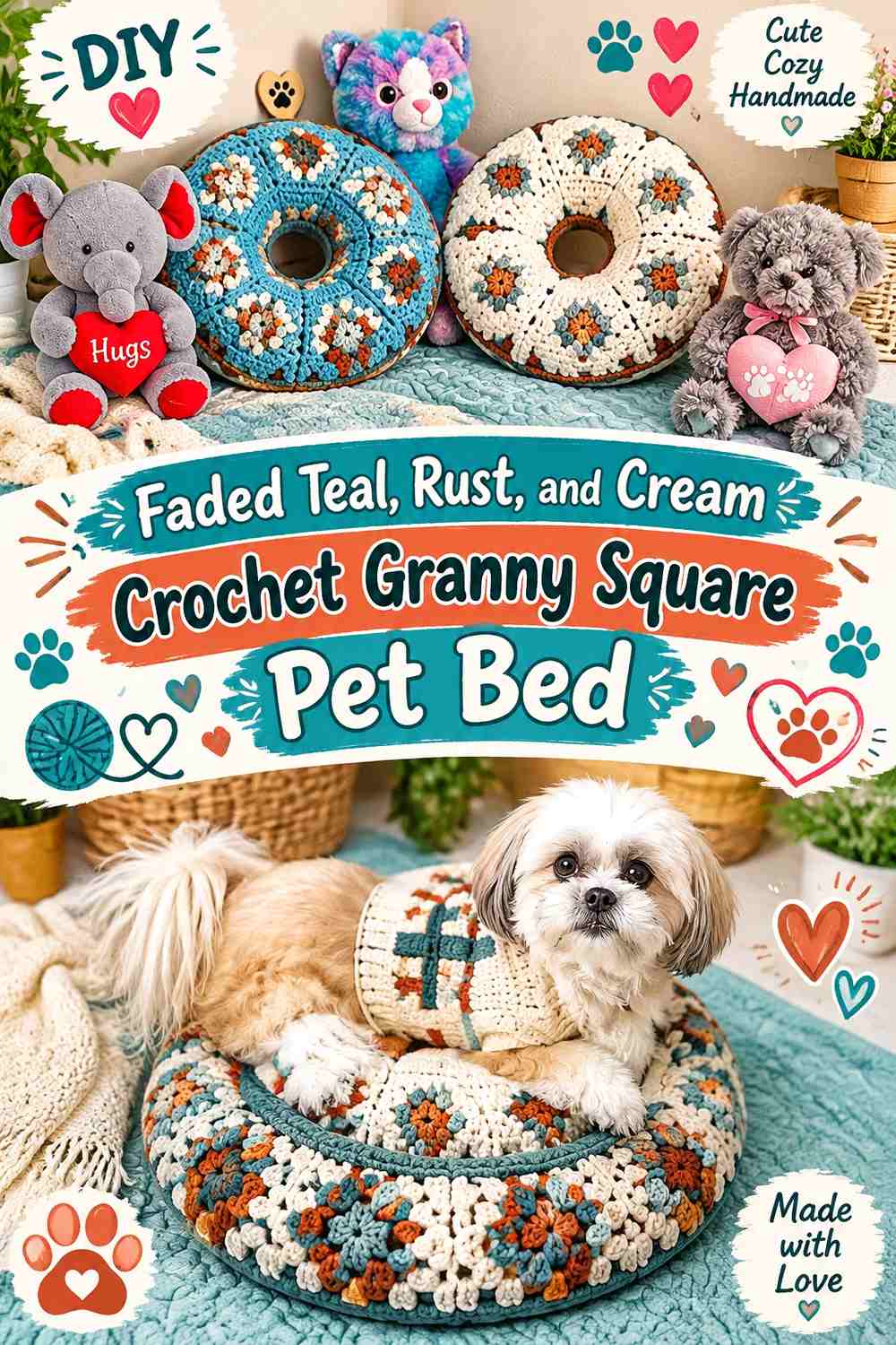 Faded Teal, Rust, and Cream Crochet Granny Square Pet Bed