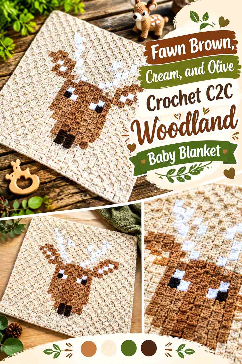 Fawn Brown, Cream, and Olive Crochet C2C Woodland Baby Blanket