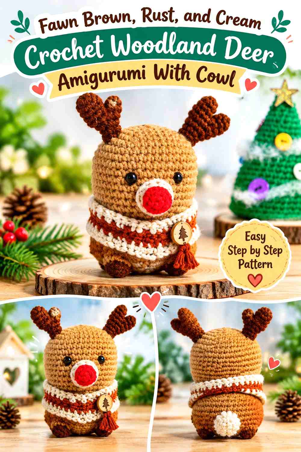 Fawn Brown, Rust, and Cream Crochet Woodland Deer Amigurumi With Cowl