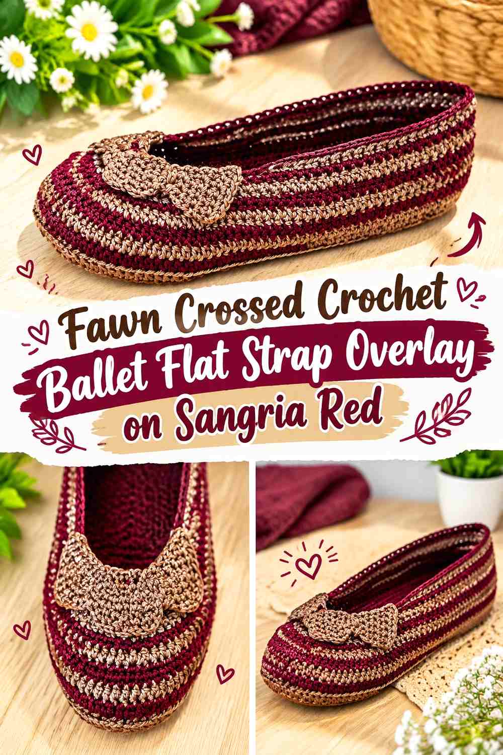 Fawn Crossed Crochet Ballet Flat Strap Overlay on Sangria Red