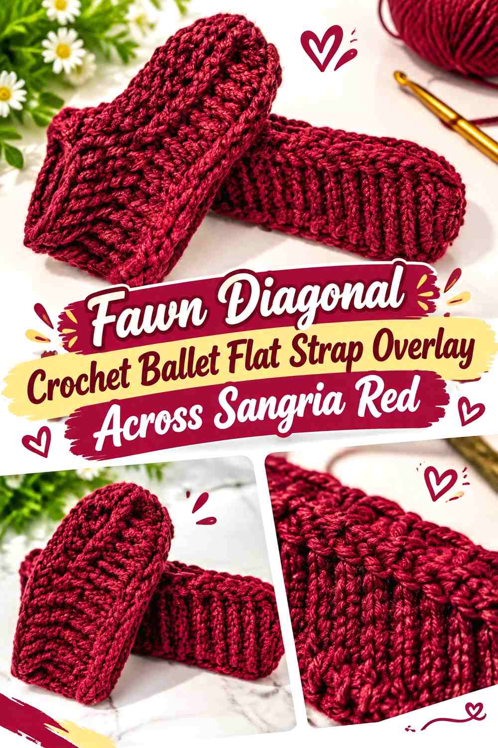 Fawn Diagonal Crochet Ballet Flat Strap Overlay Across Sangria Red