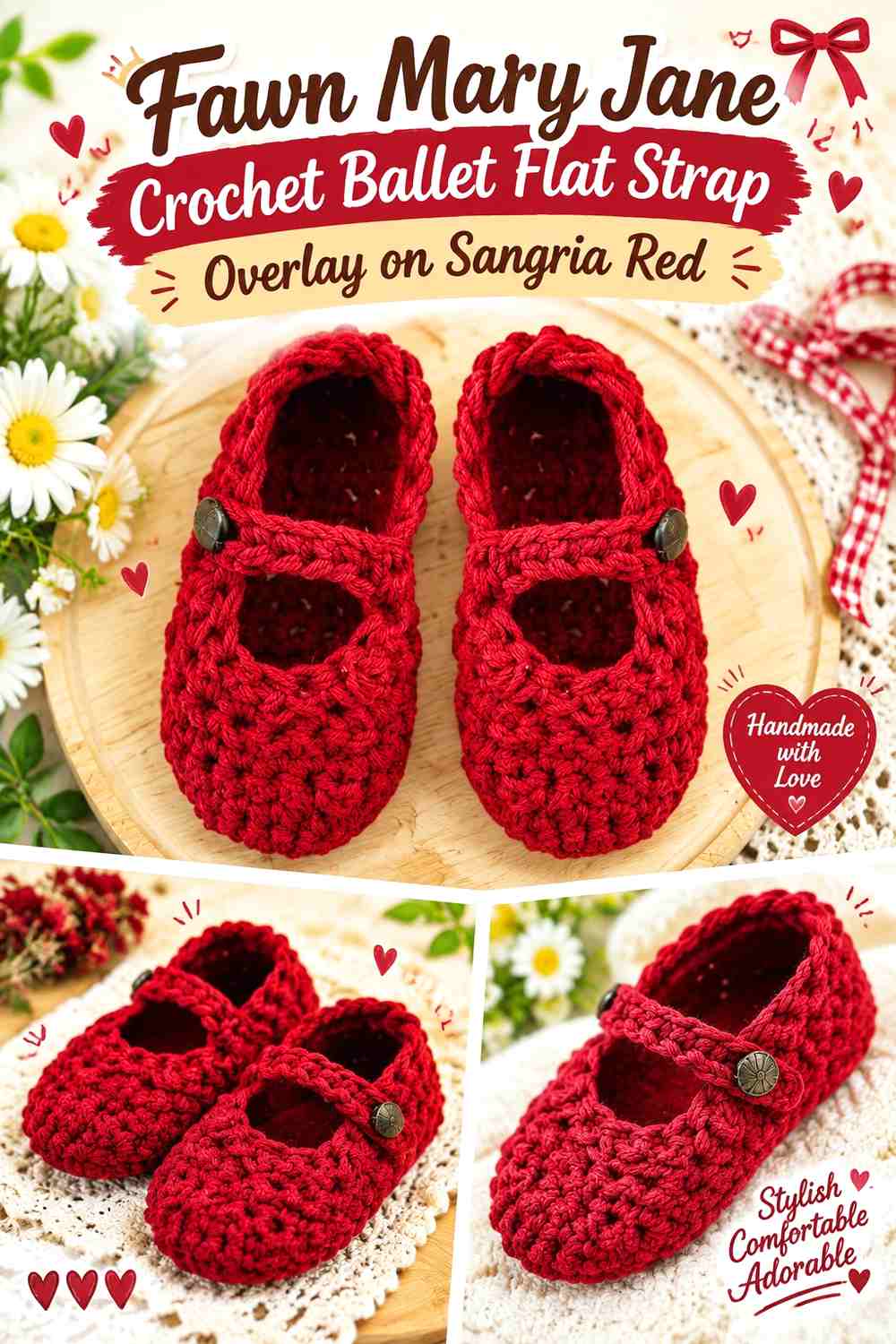 Fawn Mary Jane Crochet Ballet Flat Strap Overlay on Sangria Red